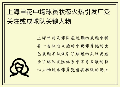 上海申花中场球员状态火热引发广泛关注或成球队关键人物