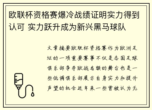 欧联杯资格赛爆冷战绩证明实力得到认可 实力跃升成为新兴黑马球队